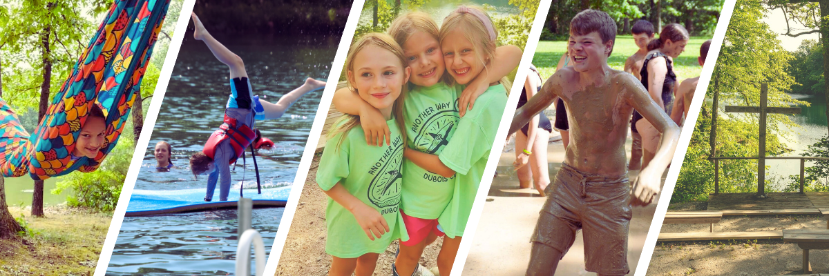 Header Graphic for the 2025 Season of Giving Blog featuring images of: the new hammock village, the new water mat, three young campers with their arms around each other, a young adult camper enjoying the mud pit, and the iconic cross and trees